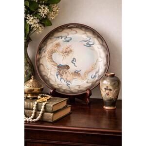 Nippon Japan 1930s Porcelain Moriage Dragonware Handled Platter, 9.75”